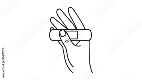 Human Hand Holding Adhesive Bandage for First Aid and Injury Protection, Simple Line Art Illustration on White Background