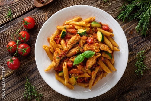Hearty pasta dish with chicken, zucchini, tomatoes, and fresh herbs on wood