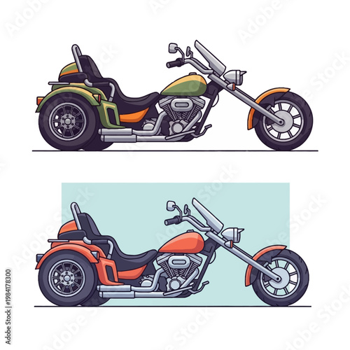 Vector illustrations of two custom motorized trike motorcycles in side profile. Features include extended front forks, v-twin engines, dual rear wheels, windshields, and padded seats.