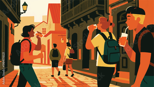 Illustration Of A Group Of Tourists Walking Through A Small European Town Vector Design Template