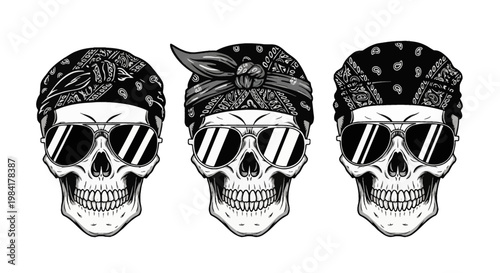 Set of three human skull illustrations wearing black paisley bandanas and aviator sunglasses in a monochrome vector style, isolated on a white background for biker and street fashion.