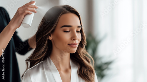 Stylist spraying heat protectant mist on woman's wavy hair in modern salon. White robe, soft light, aerosol visible. Professional haircare treatment, beauty routine concept.