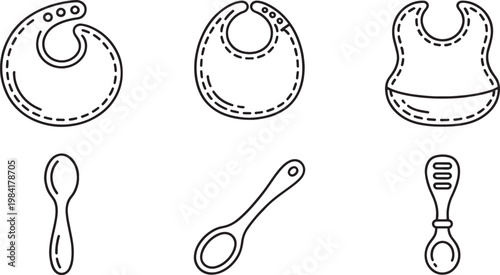 Baby bibs and spoons are simple line art icons, illustrating essential infant feeding accessories for mealtime, presented on a clean white background for easy design integration.
