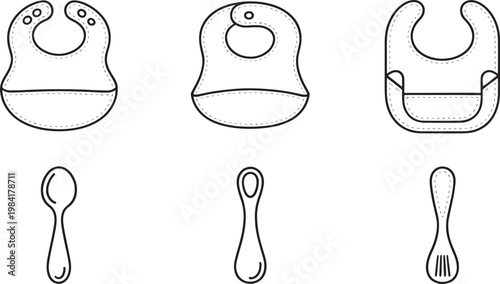 Set of three distinct baby bibs and three individual baby spoons and forks, rendered as clean line art illustrations on a clear background, depicting infant feeding tools.