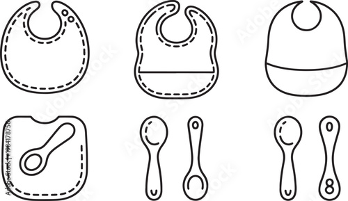 Assortment of four baby bibs and two pairs of baby spoons, presented as simple outline drawings on a plain background, representing infant mealtime accessories.