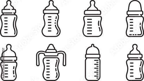 Array of eight diverse baby bottles and sippy cups, depicted as clean line drawings on a neutral backdrop, showcasing various designs for infant feeding.