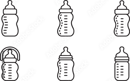 Collection of six different baby feeding bottles with measurement markings, rendered as simple line art illustrations on a white background.