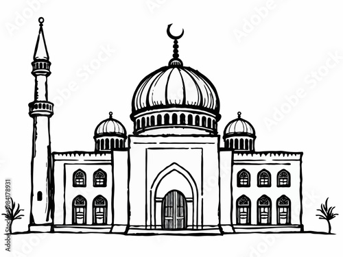Taj Mahal vector illustration showing a simple silhouette of Taj Mahal with domes and minarets in a clean architectural style suitable for travel and culture design