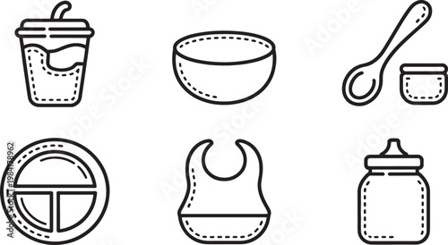 Outline icons for baby mealtime include a disposable cup with a lid, a simple bowl, a spoon and cup set, a segmented plate, a bib, and a baby bottle.