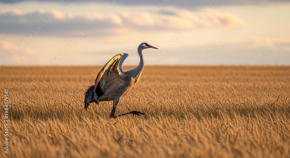 Naklejka premium A grey crowned crane with elegant feathers and a sharp beak stands in the grass of a wild field during a golden morning sunset, showcasing beautiful avian wildlife and nature's fauna