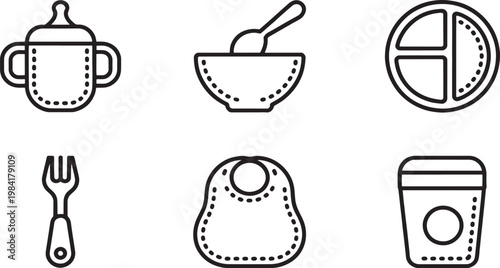 Baby feeding essentials including a sippy cup, bowl with spoon, and segmented plate are depicted in simple outline icons on a white background.