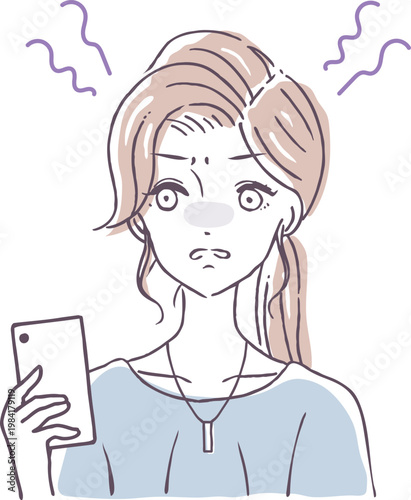 スマホを見てイライラする女性のベクターイラスト素材