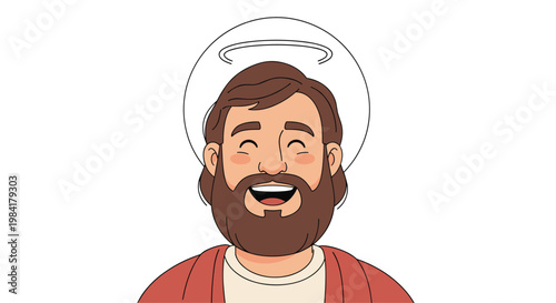 Friendly cartoon portrait of a bearded man wearing a halo and robes, representing a saintly figure or religious character in a warm style.