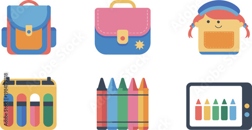 A colorful collection of school supplies and educational icons, including backpacks, crayons, and a tablet, presented on a clean white background.