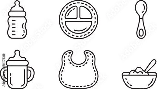 Outline icons of baby feeding items are presented in a clean, minimalist linear style, including a bottle, segmented plate, spoon, sippy cup, bib, and a bowl of food.