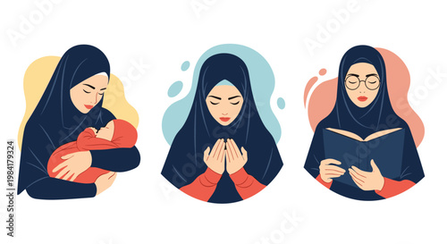Collection of three portraits showing Muslim women in hijabs engaged in motherly care, prayer, and reading on soft pastel backgrounds.