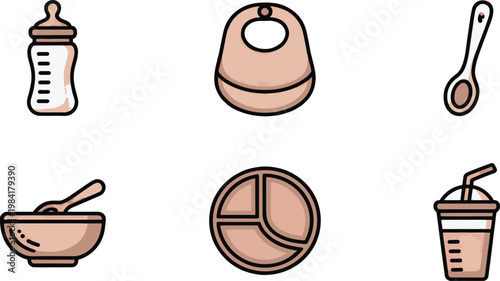 A set of cute, flat design icons representing baby feeding essentials such as a bottle, bib, spoon, bowl, plate, and sippy cup are shown in pastel colors.