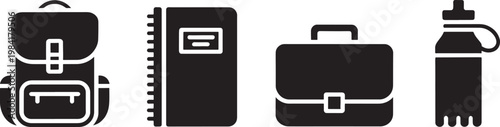 Group of solid black icons representing school and office items, including a rucksack, notepad, attaché case, and drinking flask.