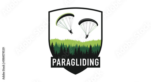 Professional paragliding club logo design featuring silhouettes of paragliders soaring above a green pine forest within a shield shape.