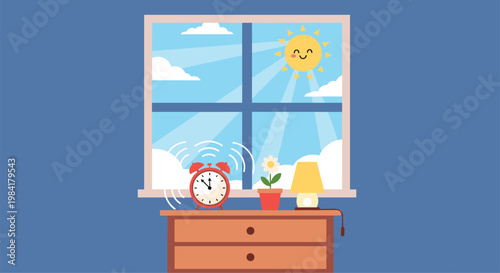 Morning wake up scene with a red alarm clock ringing on a bedside table in front of a window showing a bright sunny day with clouds.