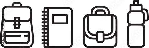 Assortment of essential school supplies presented as bold black icons, featuring a backpack, spiral notebook, satchel, and water bottle.