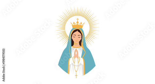 Religious illustration of the Virgin Mary praying with eyes closed, wearing a crown and a blue veil with a radiant sunburst halo.