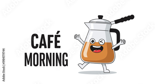 Fun cartoon character of a coffee pot walking and winking next to the text Cafe Morning, creating a cheerful breakfast atmosphere.