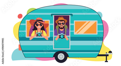 Happy couple traveling in a turquoise camper trailer and taking photos through the windows with their cameras on a road trip.