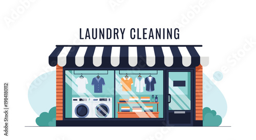 Flat vector illustration of local laundry and dry cleaning store front with washing machines and clothes displayed in window.