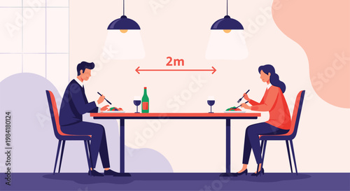 Social distancing concept showing man and woman sitting two meters apart at restaurant table for safe dining during pandemic.