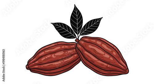 Hand drawn illustration of two ripe cocoa pods with leaves representing the raw ingredient for chocolate and cocoa production.