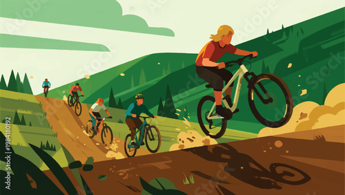 Illustration Of A Group Of People Mountain Biking On A Dirt Track Vector Design Template