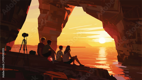 Illustration A Group Of People Sitting On The Edge Of A Cliff Watching The Sunset Vector Design Template