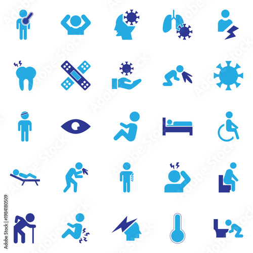 Medical sickness icons set healthcare symptoms. Collection of medical icons showing common illnesses, symptoms, and healthcare elements like doctor, hospital, pain, infection, and treatment visuals.