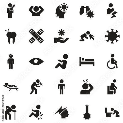 Medical sickness icons set healthcare symptoms. Collection of medical icons showing common illnesses, symptoms, and healthcare elements like doctor, hospital, pain, infection, and treatment visuals.