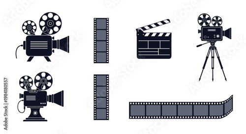 Collection of vintage and professional movie production elements including film cameras, clapperboard and cinema film reels.