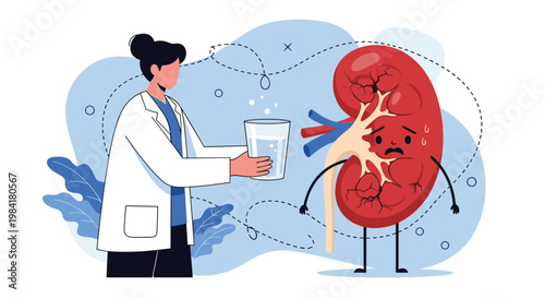 Medical illustration of doctor offering glass of water to hydrated sad kidney character to promote renal health and wellness.
