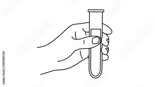 Outline drawing of a human hand holding a laboratory test tube with liquid, symbolizing scientific research, medical testing, and chemical analysis.