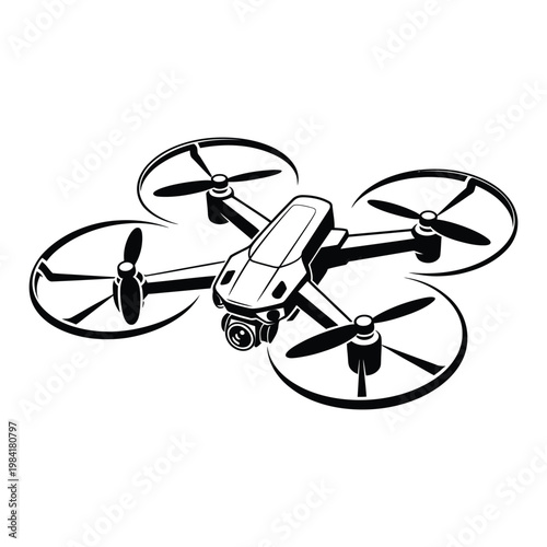 Quadcopter drone with mounted camera in mid-flight illustration