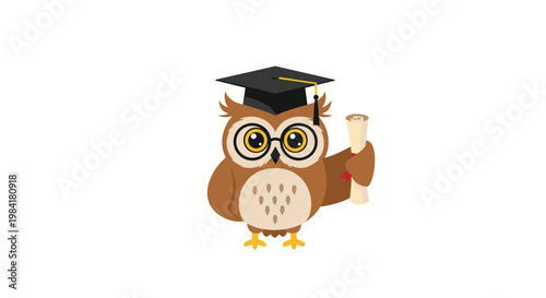 Wise brown cartoon owl wearing black graduation cap and glasses holding rolled diploma scroll for education success.