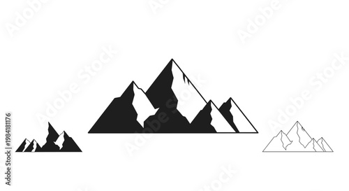 A striking black silhouette of a mountain range evokes feelings of ambition, challenge, and reaching new heights. Ideal for motivational marketing or 