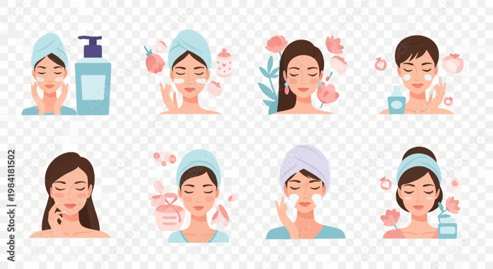 Fototapeta premium Set of eight vector illustrations featuring women in skincare routines, applying face cream, eye patches, and cleanser, decorated with pastel flowers and cosmetic product icons.
