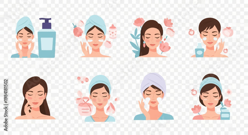 Set of eight vector illustrations featuring women in skincare routines, applying face cream, eye patches, and cleanser, decorated with pastel flowers and cosmetic product icons.