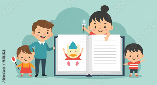 Flat vector illustration featuring four diverse cartoon children standing around a giant open storybook with an illustrated creature inside on a soft teal background.