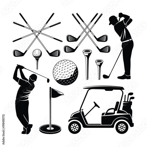 Comprehensive illustration of golf equipment and activities