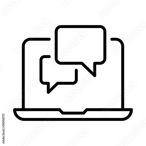 Laptop screen displaying two overlapping chat bubbles, linear icon. Online chat, messaging, and digital communication. Editable stroke