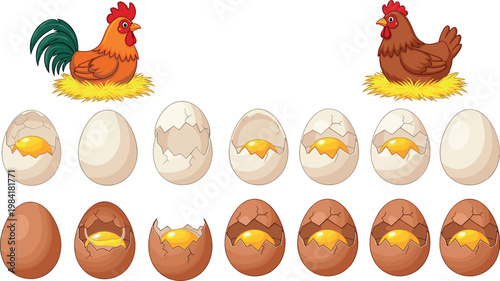 Cartoon Rooster and Hen with Eggs and Hatchlings for Farm and Easter Illustrations