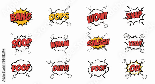 Collection of twelve colorful comic book sound effects and speech bubbles including Bang, Oops, Wow, Snap, Smash, and Poof, featuring halftone patterns, pop art burst elements, and retro fonts.