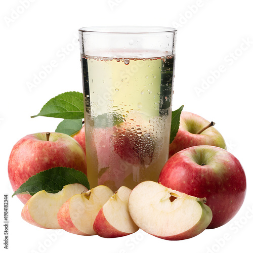 Fresh Apple Juice in a Glass Surrounded by Whole and Sliced Red Apples with Green Leaves on white background