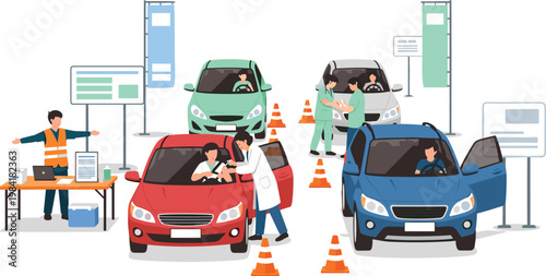 Drive-thru vaccination concept with medical staff administering shots to people in cars, vector illustration